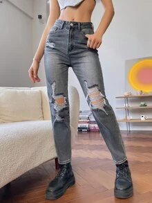 Jeans de pierna recta con lavado ligero con diseño de desgarro - Gris Claro - Ver 4