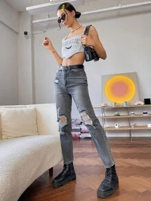 Jeans de pierna recta con lavado ligero con diseño de desgarro - Gris Claro - Ver 5