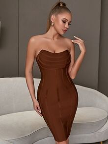 Slit Hem Backless Tube Bandage Dress - Brown - View 3
