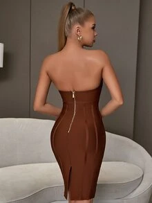 Slit Hem Backless Tube Bandage Dress - Brown - View 2
