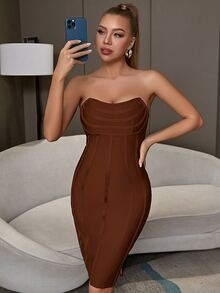 Slit Hem Backless Tube Bandage Dress - Brown - View 4