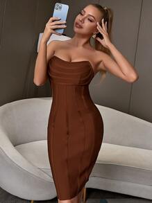 Slit Hem Backless Tube Bandage Dress - Brown - View 1
