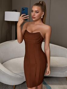 Slit Hem Backless Tube Bandage Dress - Brown - View 5