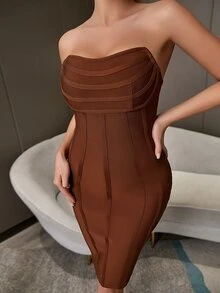 Slit Hem Backless Tube Bandage Dress - Brown - View 6