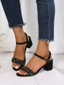 Women Sequins Decor Chunky Heeled Ankle Strap Sandals, Glamorous Party Heeled Sandals,Spring Summer Outfits - Black - View 7