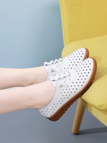 空心細節的牛津平底鞋,女士實心空氣透氣懶人鞋,時尚舒適,適合休閒、度假和母親 - 白色 - 查看 3