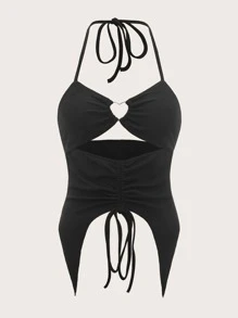 SHEIN Heart-ring Cut Out Drawstring Asymmetrical Hem Tie Backless Halter Top - Black - View 1
