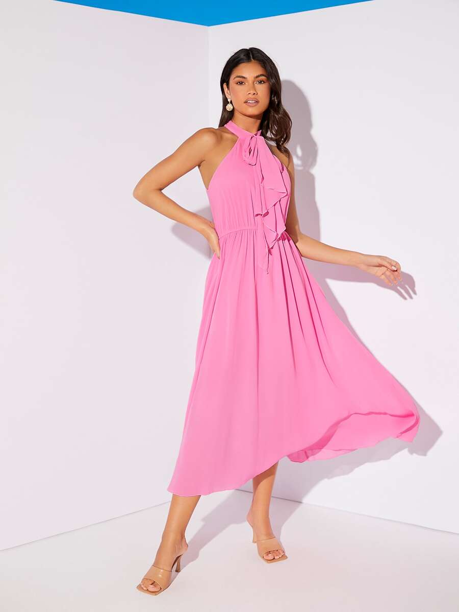 Knot Front Keyhole Back Halter Dress