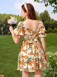 Chicas adolescentes Vestido con estampado floral de manga con volante pecho con fruncido con cordón trasero - Multicolor - Ver 1