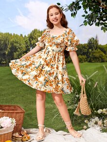 Chicas adolescentes Vestido con estampado floral de manga con volante pecho con fruncido con cordón trasero - Multicolor - Ver 2