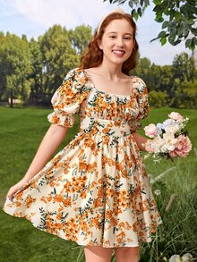 Chicas adolescentes Vestido con estampado floral de manga con volante pecho con fruncido con cordón trasero - Multicolor - Ver 3