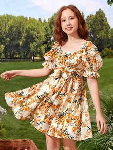 Chicas adolescentes Vestido con estampado floral de manga con volante pecho con fruncido con cordón trasero - Multicolor - Ver 4