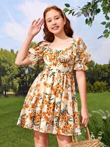 Chicas adolescentes Vestido con estampado floral de manga con volante pecho con fruncido con cordón trasero - Multicolor - Ver 5