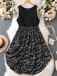 SHEIN LUNE Plus Ditsy Floral Scoop Neck Dress - Black - View 1