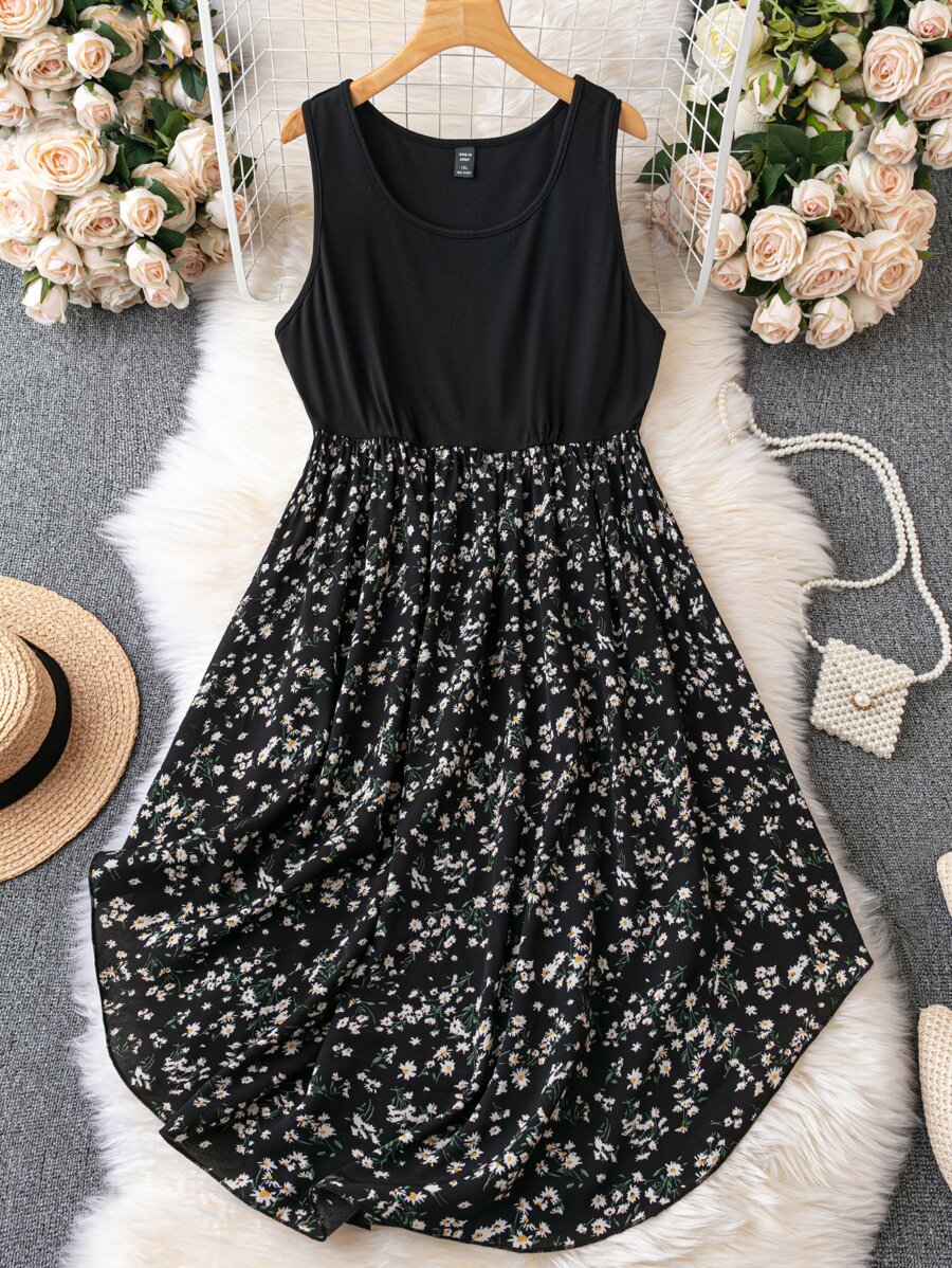 SHEIN LUNE Plus Ditsy Floral Scoop Neck Dress - Black - View 1