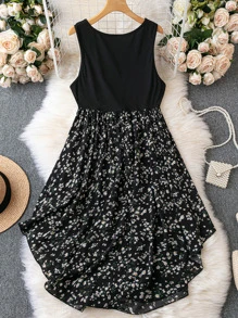 SHEIN LUNE Plus Ditsy Floral Scoop Neck Dress - Black - View 2