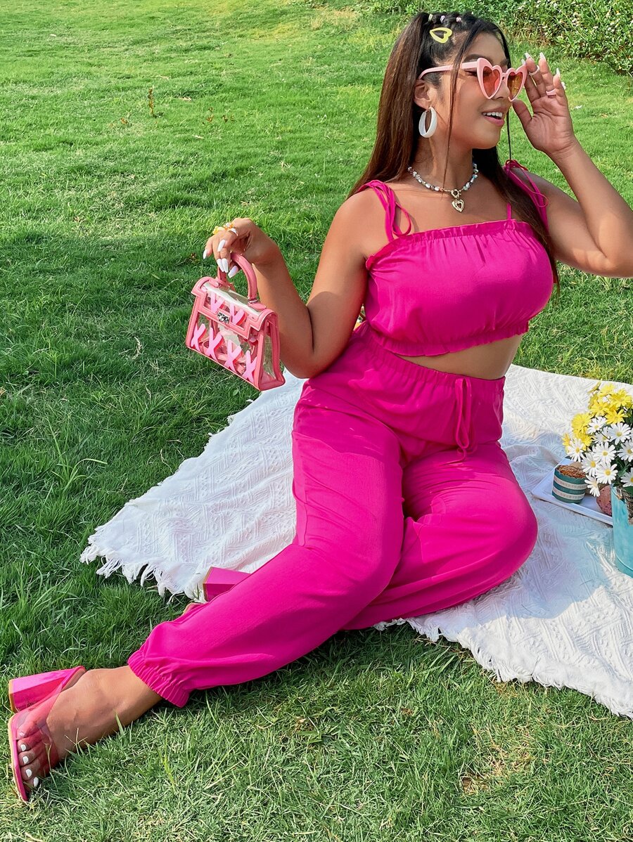 Plus Frilled Tie Shoulder Cami Top & Trousers - Hot Pink - View 1