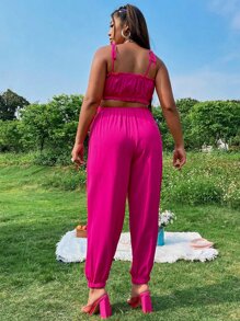 Plus Frilled Tie Shoulder Cami Top & Trousers - Hot Pink - View 2