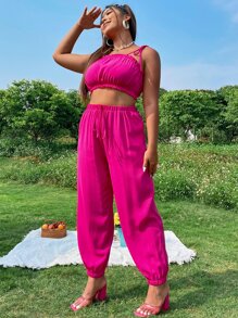 Plus Frilled Tie Shoulder Cami Top & Trousers - Hot Pink - View 3