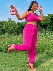 Plus Frilled Tie Shoulder Cami Top & Trousers - Hot Pink - View 4