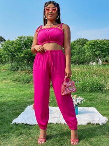 Plus Frilled Tie Shoulder Cami Top & Trousers - Hot Pink - View 5