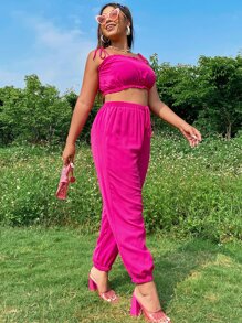 Plus Frilled Tie Shoulder Cami Top & Trousers - Hot Pink - View 6