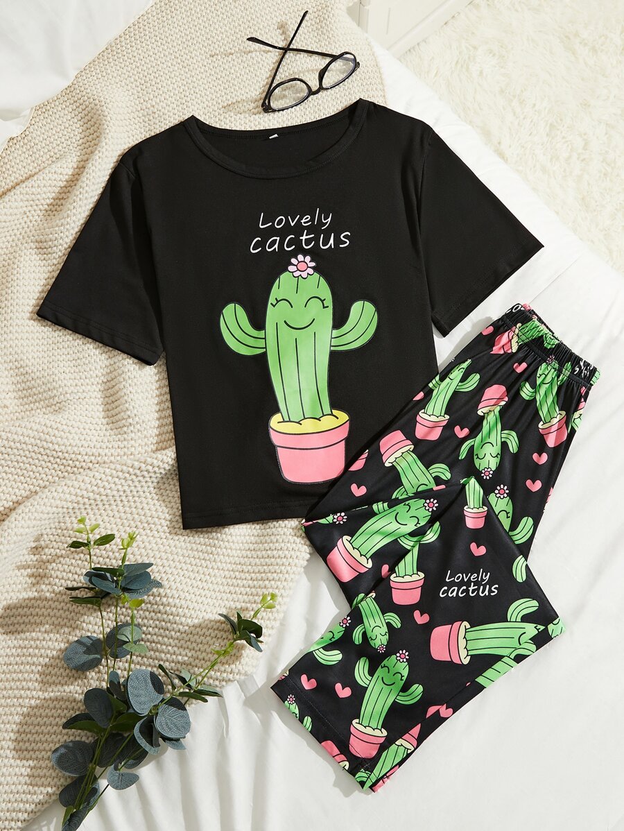 字母和卡通圖案家居服套裝 - 黑色 - 查看 1