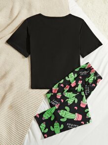 字母和卡通圖案家居服套裝 - 黑色 - 查看 2