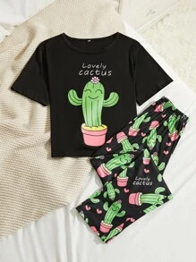 字母和卡通圖案家居服套裝 - 黑色 - 查看 4