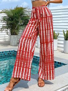 Pantalones de pierna ancha con estampado con cinturón - Rojo y blanco - Ver 3