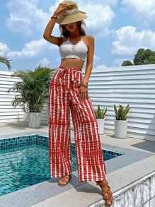 Pantalones de pierna ancha con estampado con cinturón - Rojo y blanco - Ver 1