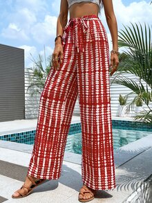 Pantalones de pierna ancha con estampado con cinturón - Rojo y blanco - Ver 4