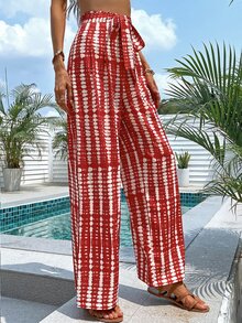 Pantalones de pierna ancha con estampado con cinturón - Rojo y blanco - Ver 5