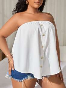 SHEIN SXY 大碼假鈕扣抹胸上衣 - 白色 - 查看 3