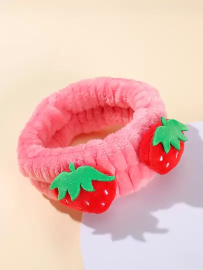 紅草莓髮圈,毛絨柔軟女式彈性髮帶,適合家用及洗臉