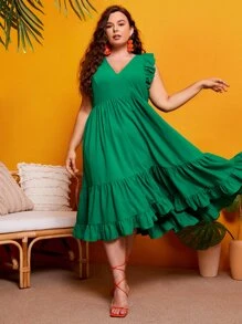 SHEIN VCAY Plus Ruffle Trim Flounce Hem Dress - Green - View 1