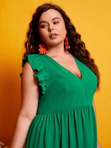 SHEIN VCAY Plus Ruffle Trim Flounce Hem Dress - Green - View 4