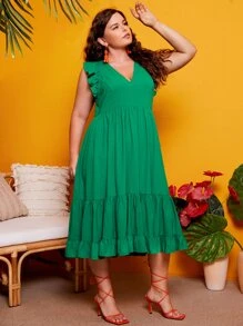 SHEIN VCAY Plus Ruffle Trim Flounce Hem Dress - Green - View 5
