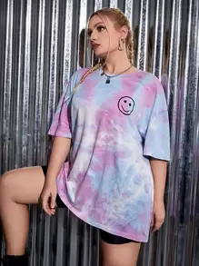 SHEIN EZwear 大碼紮染表情圖案落肩T恤 - 彩色 - 查看 1