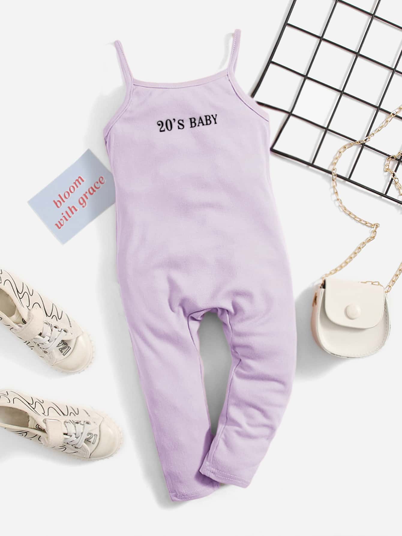 SHEIN Baby Ribbed Knit Letter Graphic Jumpsuit - Lilac Purple - View 1