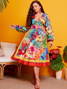 SHEIN Plus Tropical Print Lantern Sleeve Cold Shoulder Fake Button Dress - Multicolor - View 1