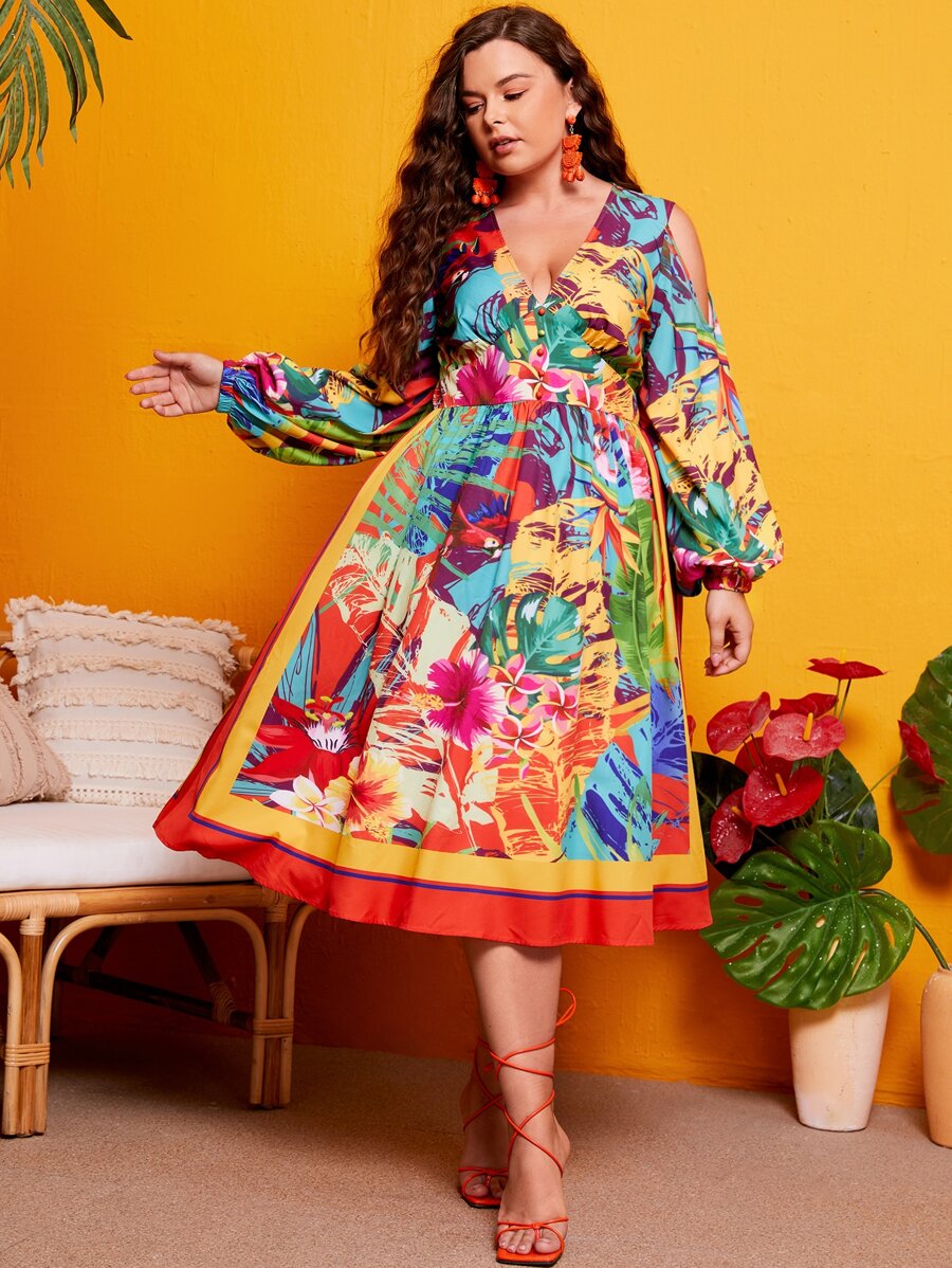 SHEIN Plus Tropical Print Lantern Sleeve Cold Shoulder Fake Button Dress - Multicolor - View 1