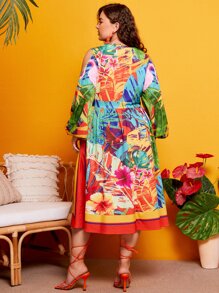 SHEIN Plus Tropical Print Lantern Sleeve Cold Shoulder Fake Button Dress - Multicolor - View 2