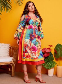 SHEIN Plus Tropical Print Lantern Sleeve Cold Shoulder Fake Button Dress - Multicolor - View 3