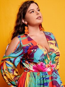 SHEIN Plus Tropical Print Lantern Sleeve Cold Shoulder Fake Button Dress - Multicolor - View 5
