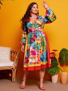 SHEIN Plus Tropical Print Lantern Sleeve Cold Shoulder Fake Button Dress - Multicolor - View 6