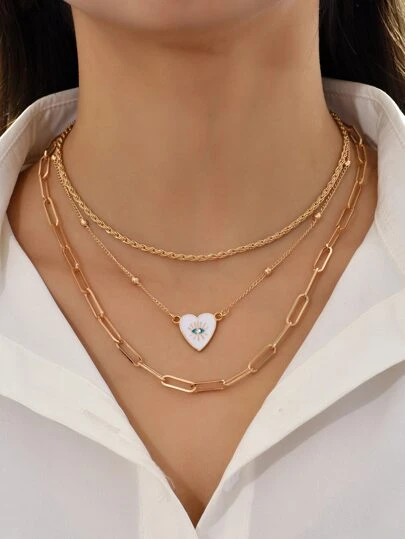 眼睛細節心形墜飾多層次項鍊