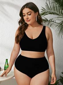 SHEIN Swim Curve Conjunto de bikini liso y plisado de talla grande, playa de verano - Negro - Ver 1