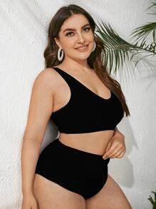 SHEIN Swim Curve Conjunto de bikini liso y plisado de talla grande, playa de verano - Negro - Ver 3