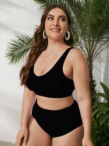 SHEIN Swim Curve Conjunto de bikini liso y plisado de talla grande, playa de verano - Negro - Ver 4